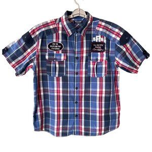 Parish Nation Mens Size XL Plaid‎ Patches Distressed Shirt Casual Bound Glory